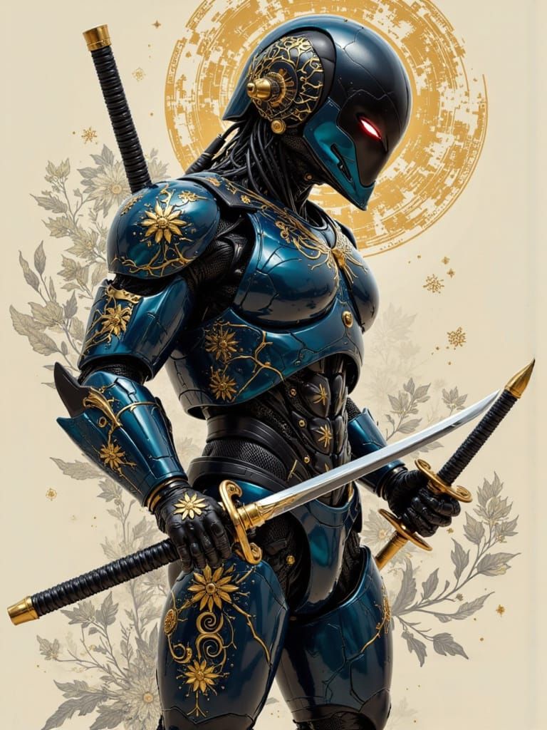 Samurai Warrior in Stormtrooper Helmet with Gold Floral Desi...