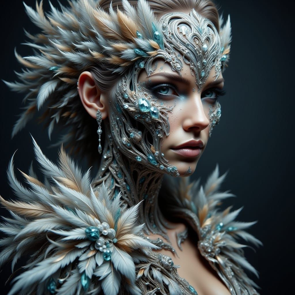 Ethereal Woman Portrait with Diamond Skull and Feathers