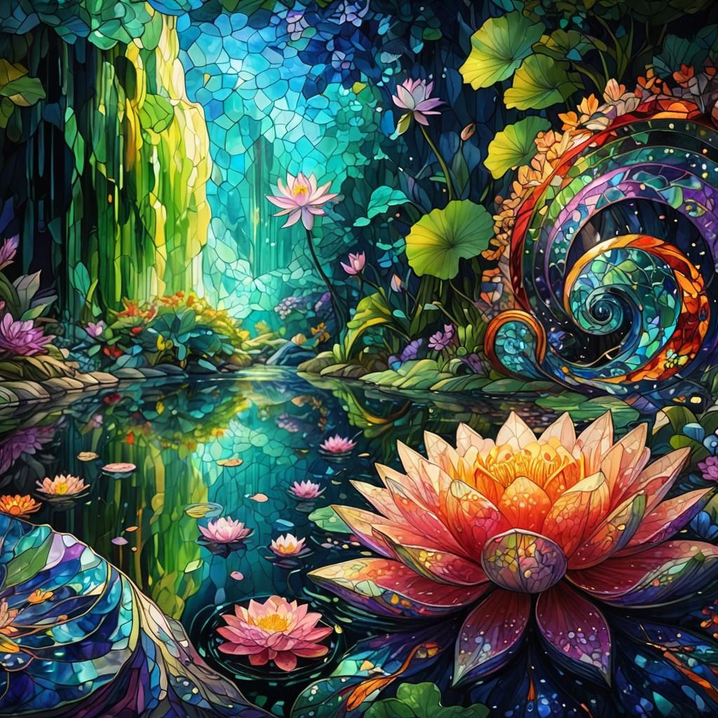 Psychedelic Waterfall Landscape in Stained Glass Style