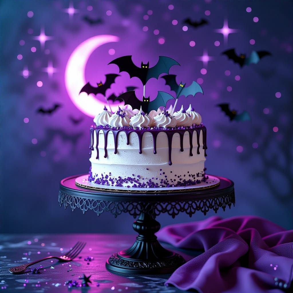 Spooky Birthday Cake with Bats and Purple Glow