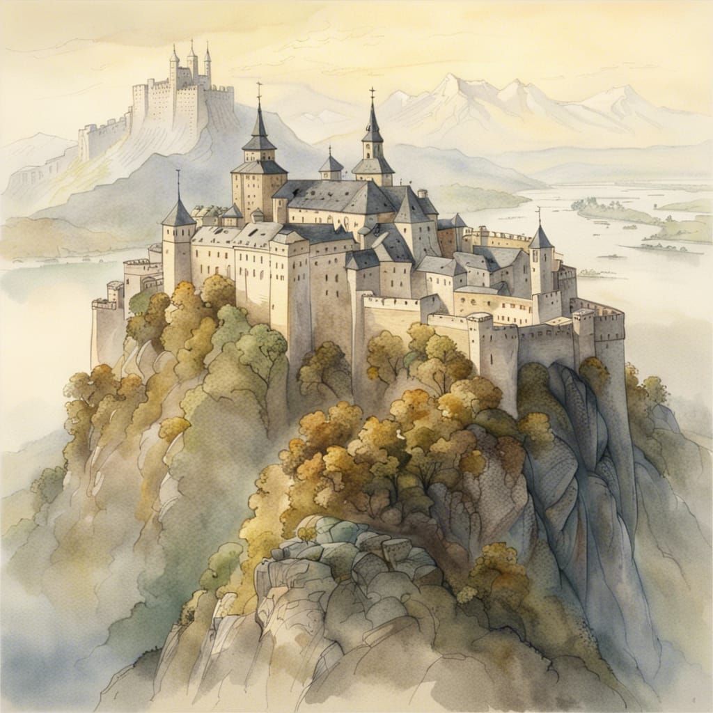 Hohensalzburg Fortress Floating in Morning Mist Watercolor