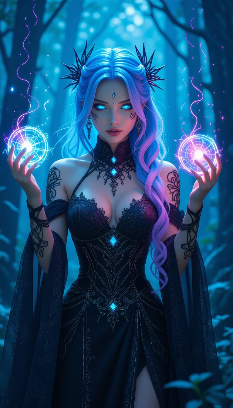 Cyberpunk Sorceress Casting Spell in Bioluminescent Forest