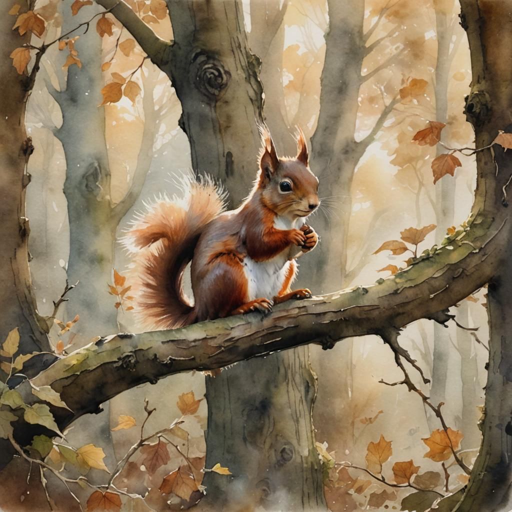 Whimsical Watercolour Squirrel in Misty Forest