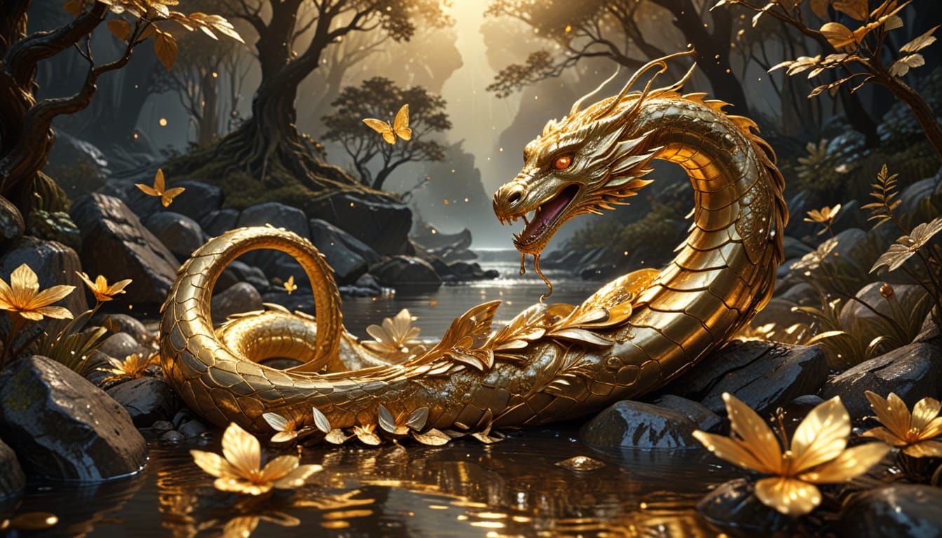 Giant Golden Serpent in Molten River, Art Nouveau Style