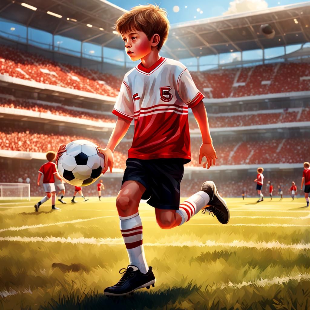 Hyper-Realistic Boy Steps on Football in Vivid Digital Art