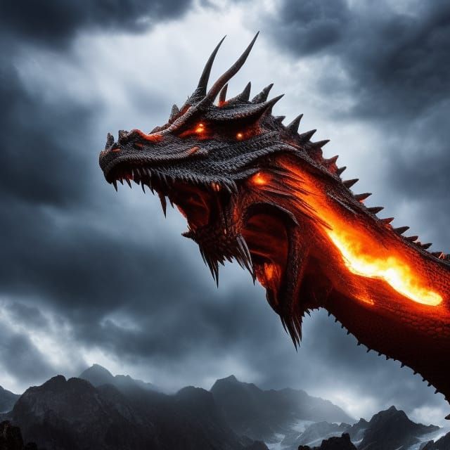 dragon full body portrait, majestic massive mountain landscape, mountains, mountain landscape dark scary horror terror