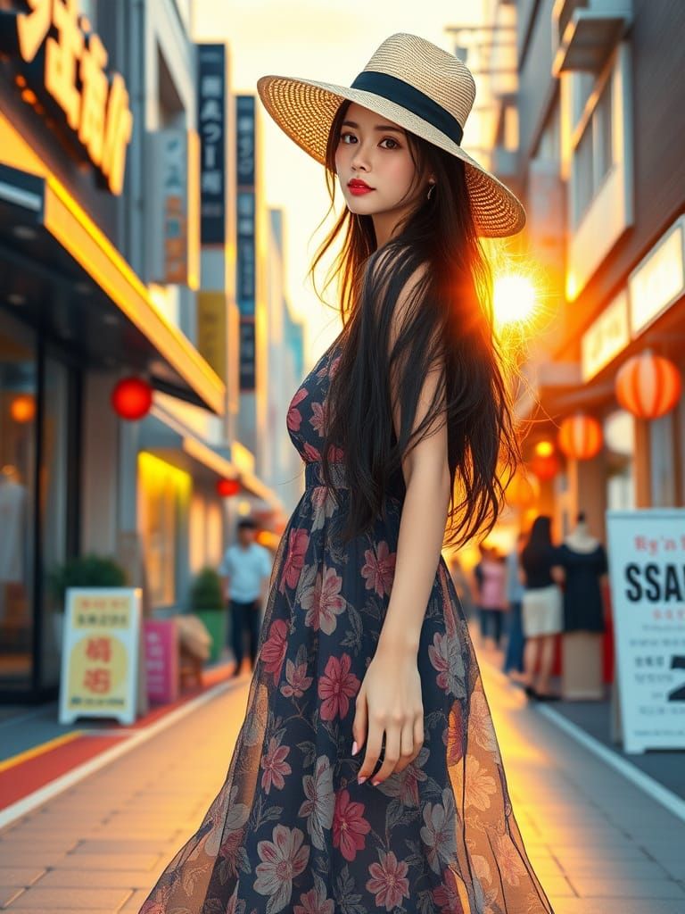 Ethereal Japanese Woman Strolls Tokyo Fashion Street at Suns...