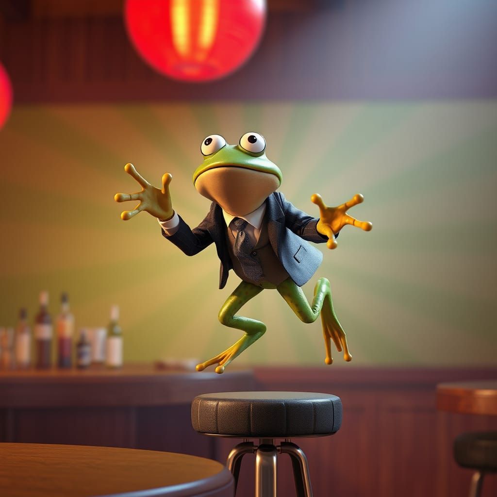 Drunken Frog Leaping in a Bar, 3D Digital Art