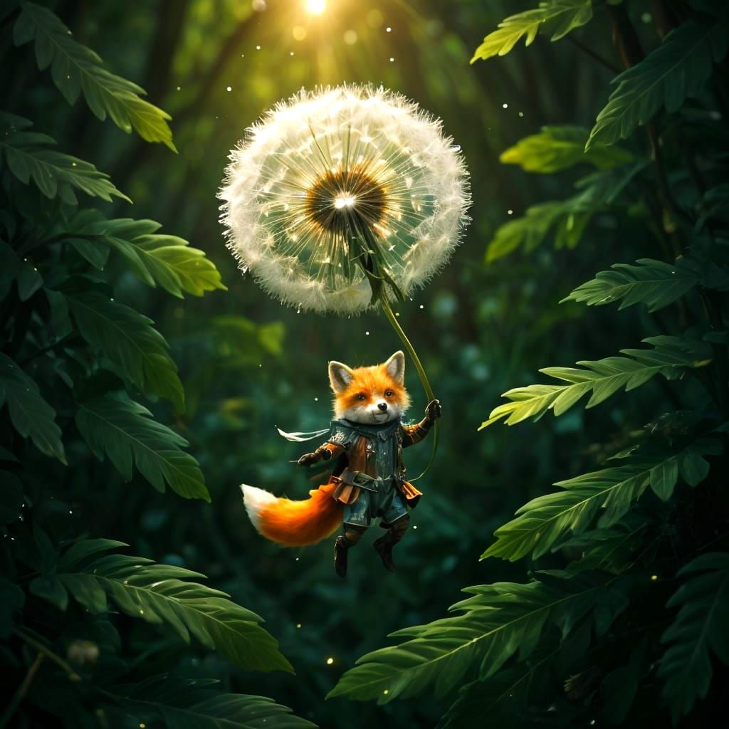 Steampunk Fox Descends Through Whimsical Oak Forest
