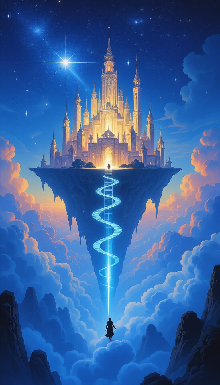 Epic Fantasy Floating City: Mortal Ascends Sacred Ladder