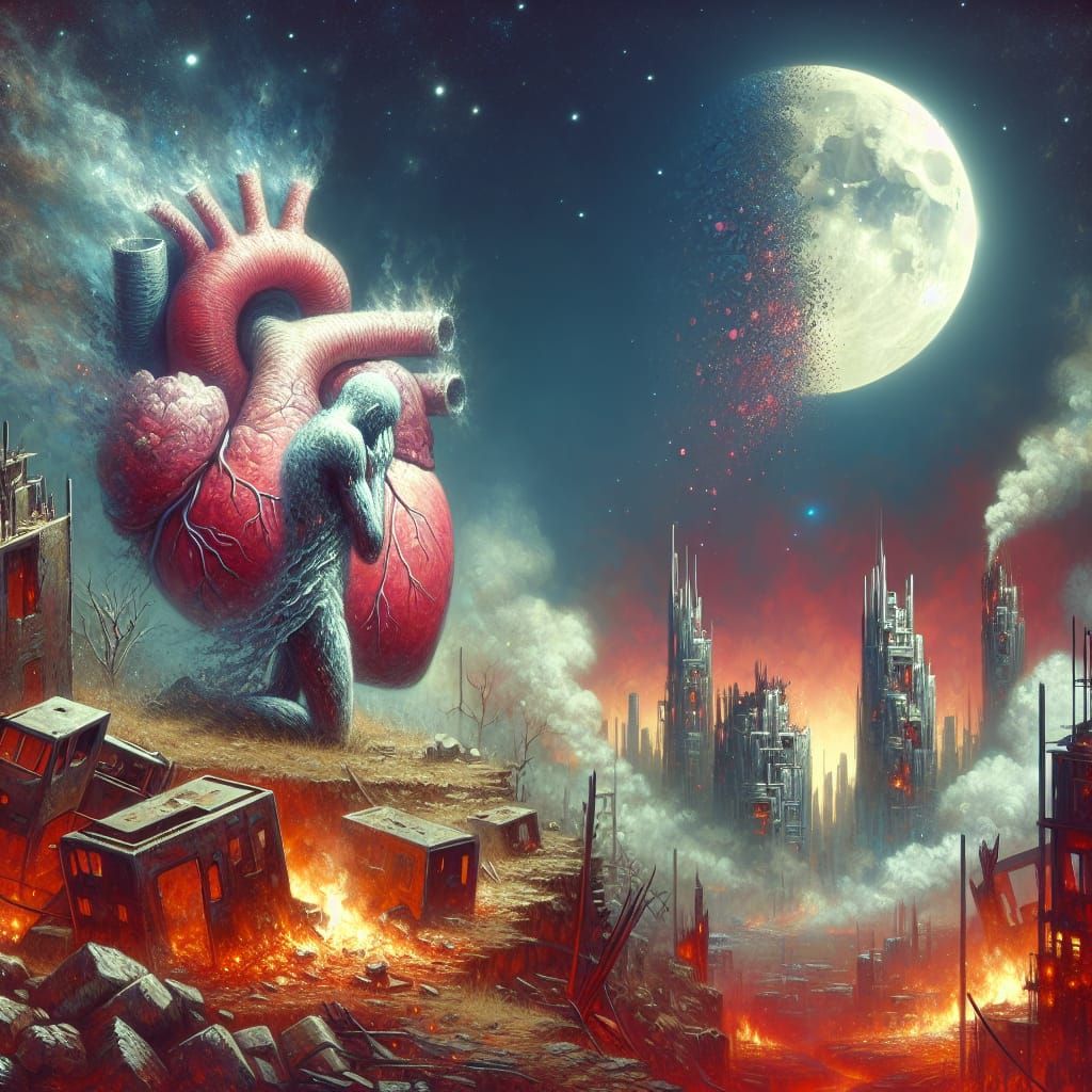 Battle-Worn Heart Amidst Futuristic City Ruins