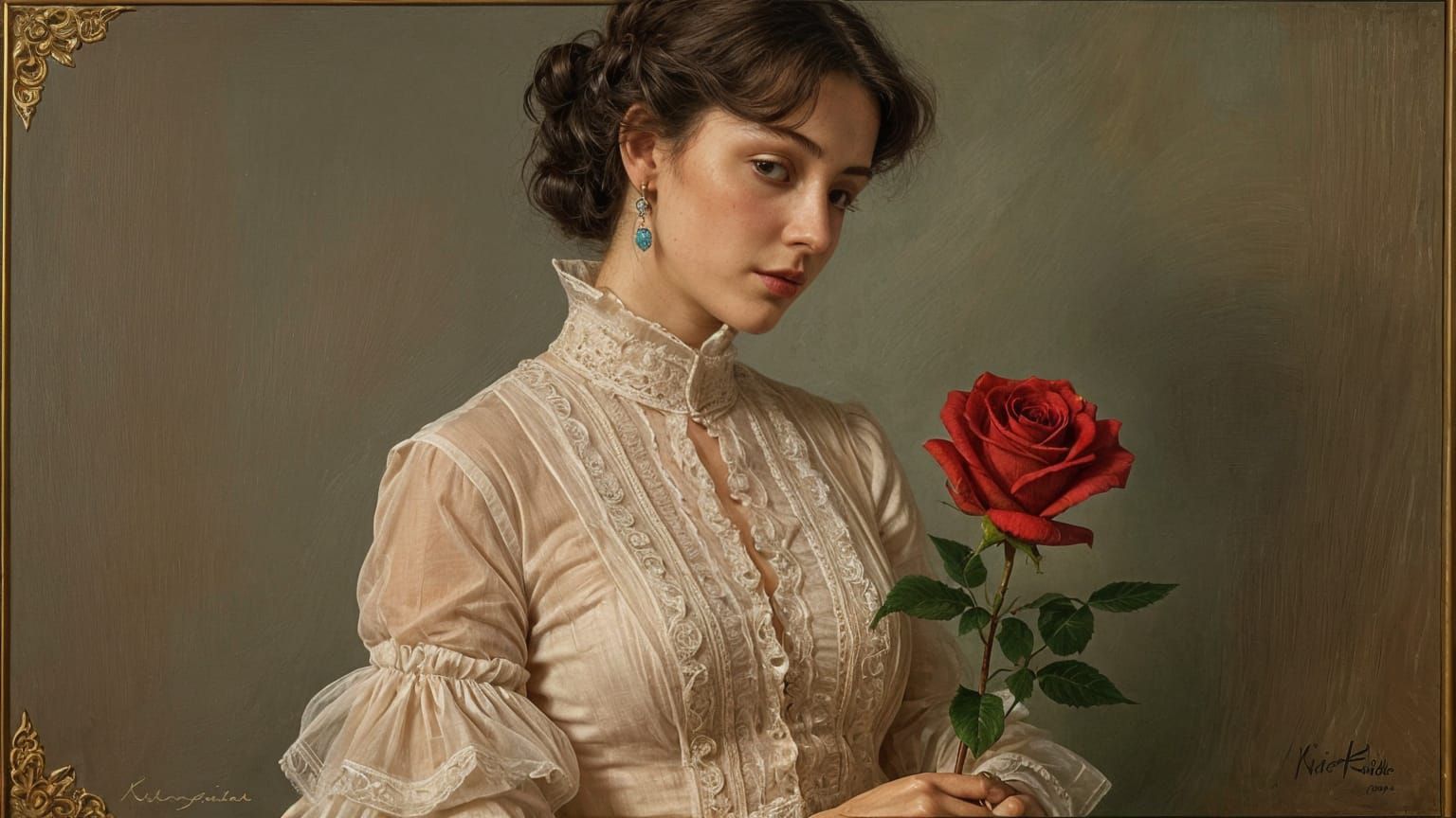 Woman with Rose: Oil Painting in 19th Century Style