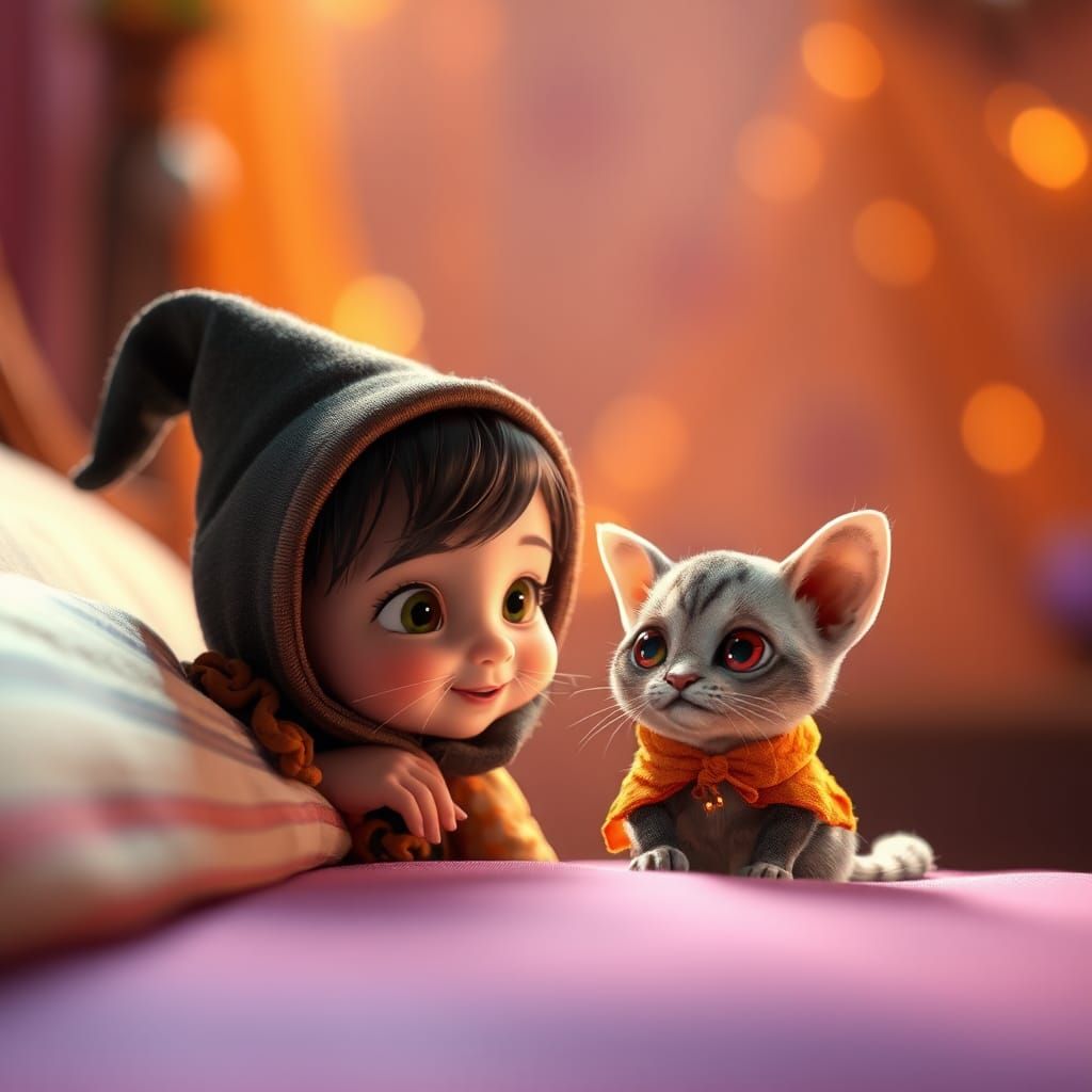 Girl and Kitten in Halloween Costumes, Pixar Style
