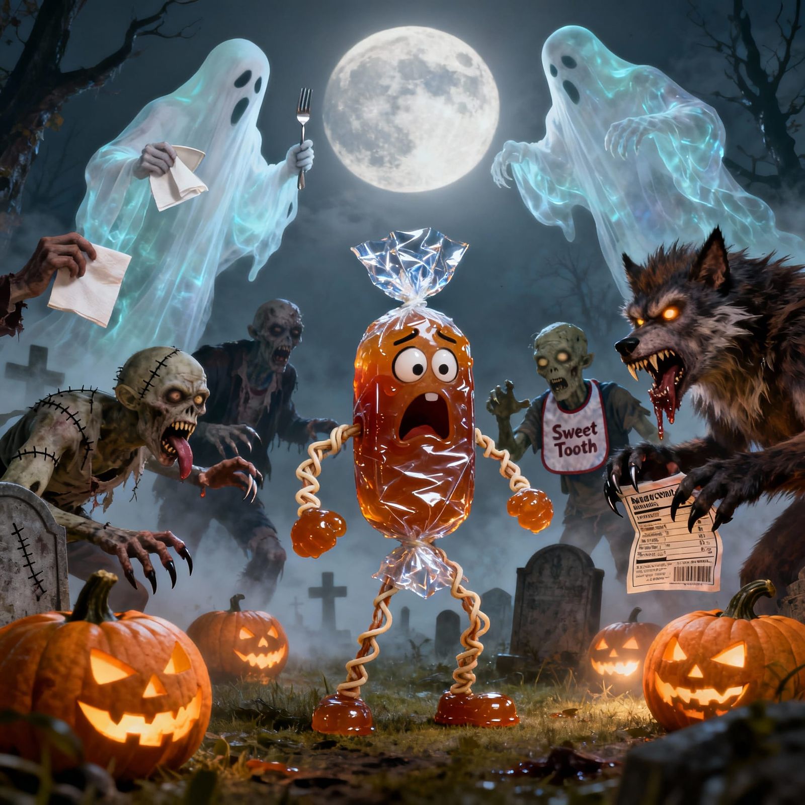 Spooky Halloween Candy Creature in Foggy Graveyard