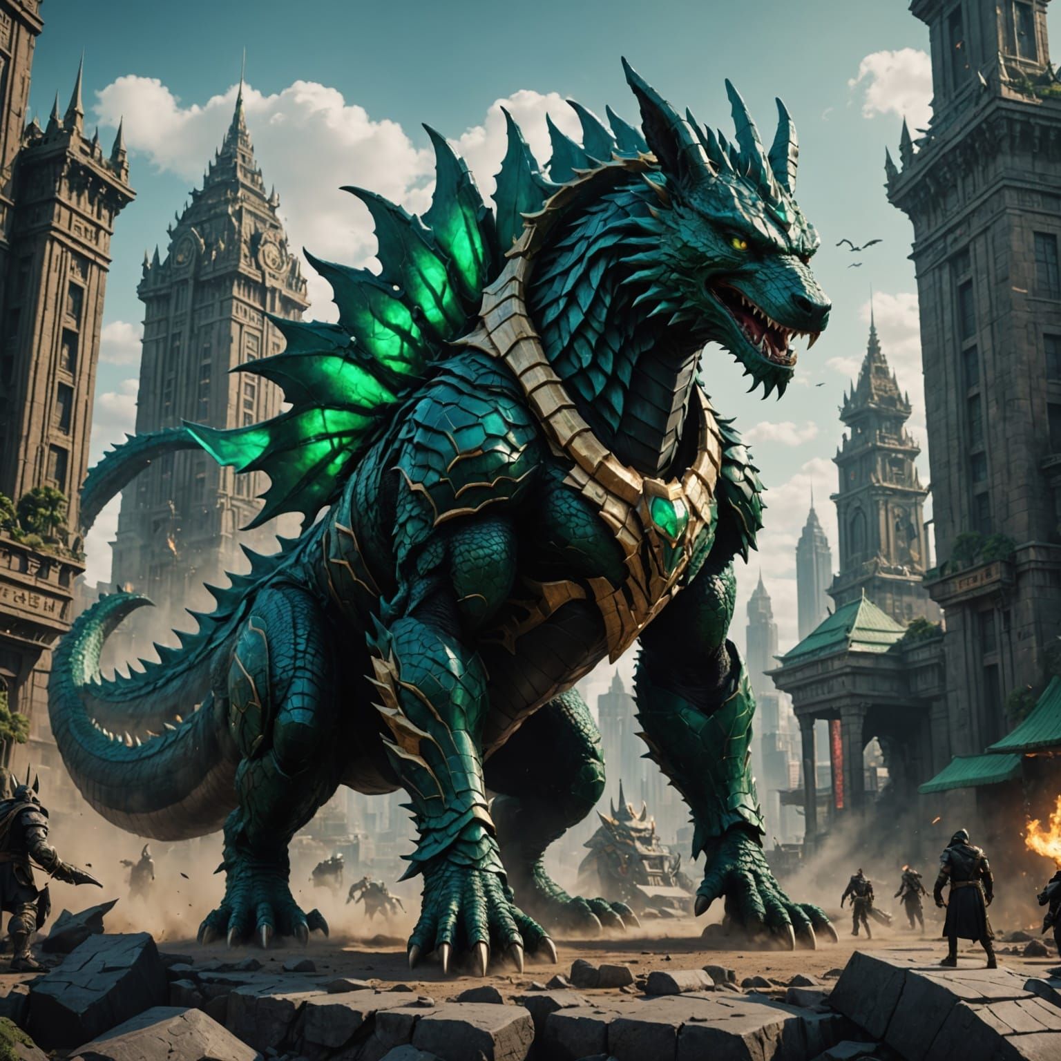 Emerald Dragon Godzilla Anubis in Stunning Fantasy Landscape...