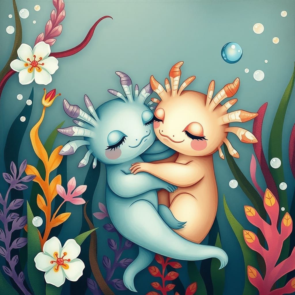 Whimsical Axolotl Lovers in a Vibrant Aquarium Scene