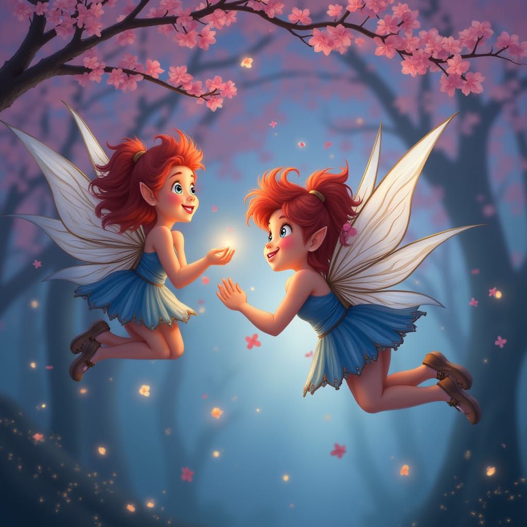 Smiling Fairies Fly Among Fireflies and Cherry Blossoms at T...