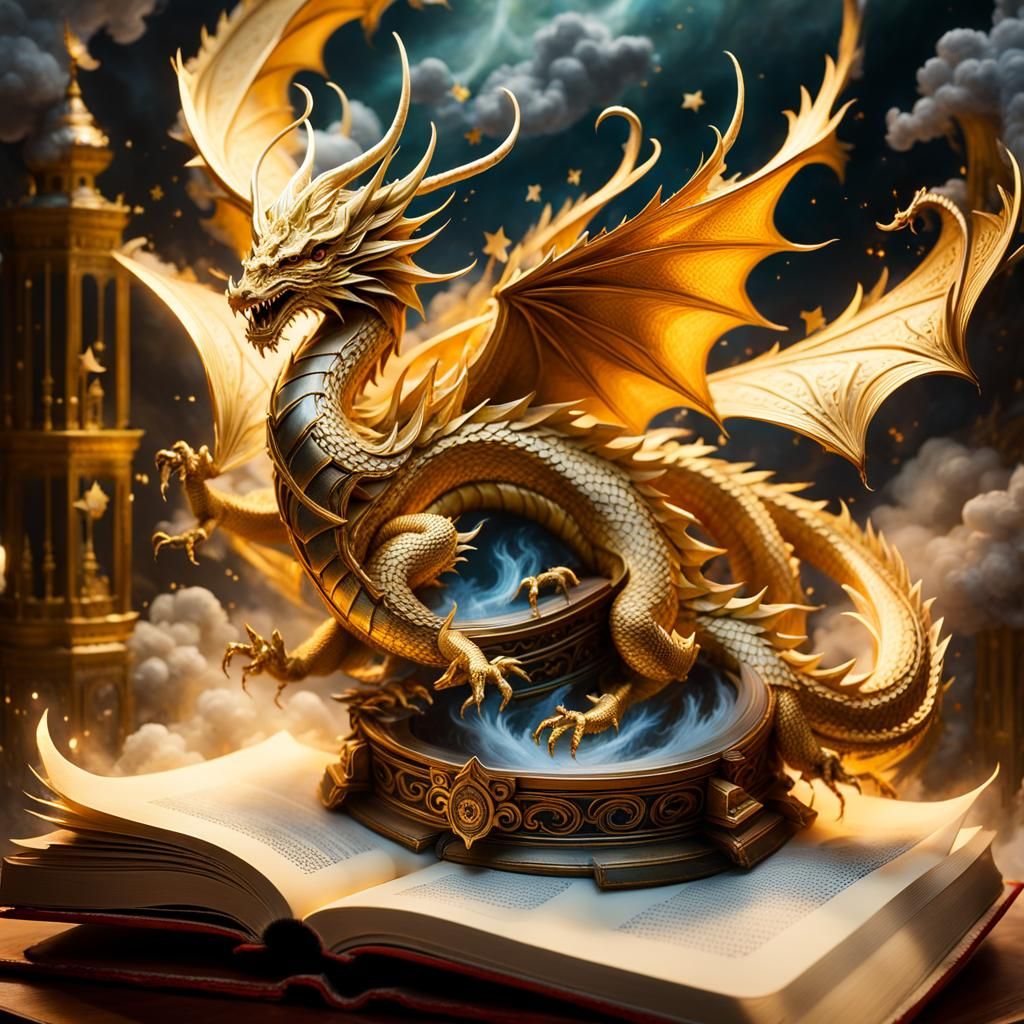 Golden Dragon Emerges from Fantasy Book