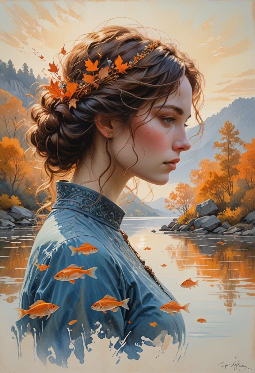 Dreamy Young Woman Contemplates Autumn Landscape
