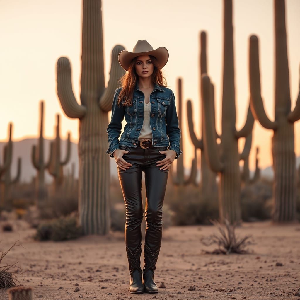 Elegant Cowgirl Surrounded by Desert Icons in Wes Anderson S...