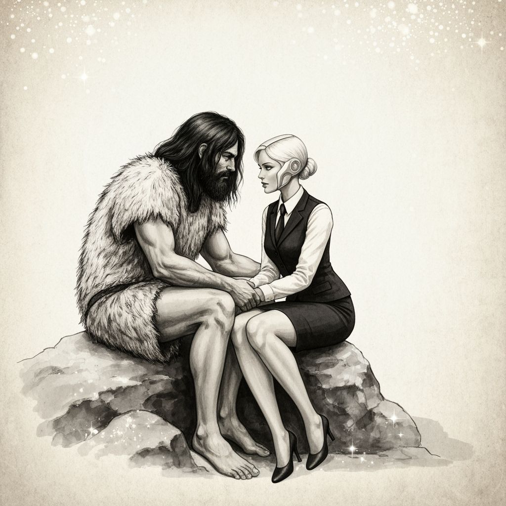 Caveman and Office Lady in Love: Tender Ink Painting
