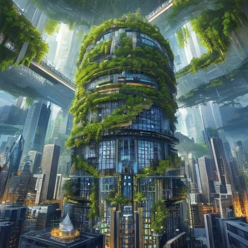 Futuristic Waterfall Skyscraper in Metropolis