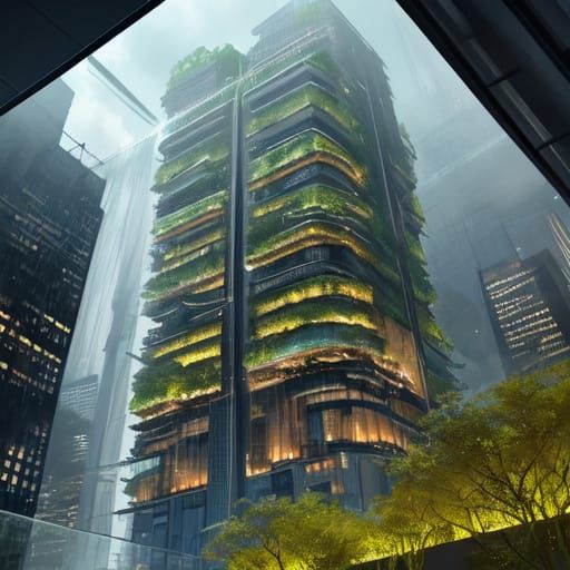Futuristic Waterfall Skyscraper in Metropolis