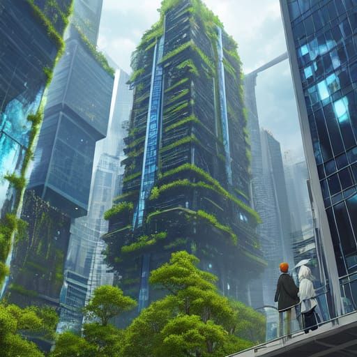 Futuristic Waterfall Skyscraper in Metropolis