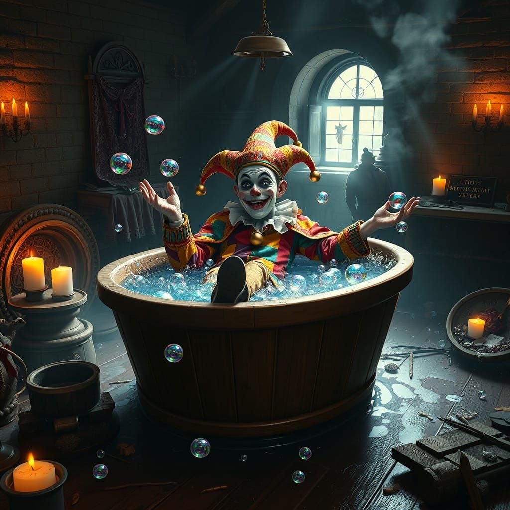 Medieval Jester Basks in Whimsical Bath Scene
