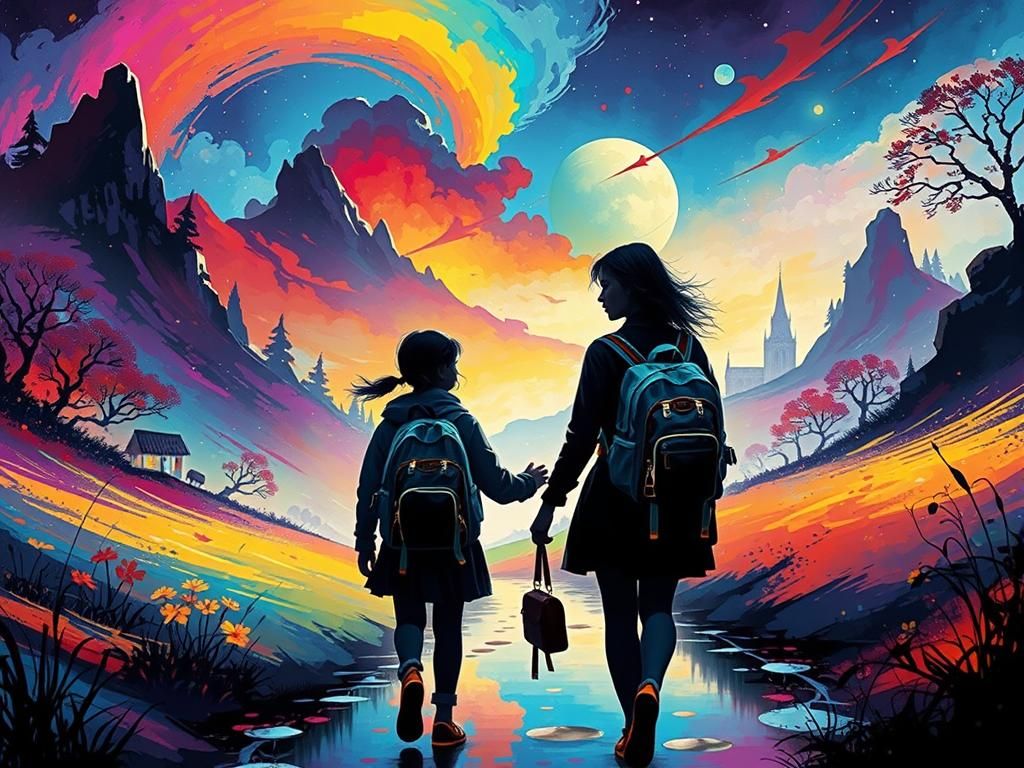 Girls Journey to School in Dreamlike Landscape