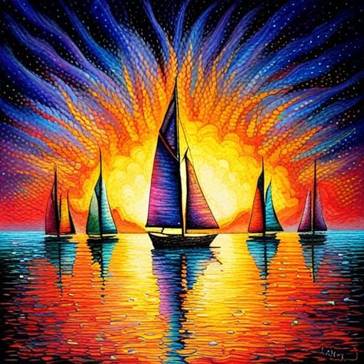 Burning Sailboat Sunset: Surreal Dystopian Seascape