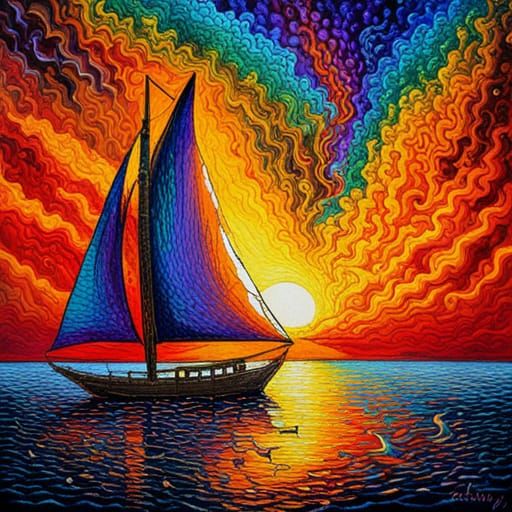 Burning Sailboat at Twilight: Surreal Dystopian Seascape