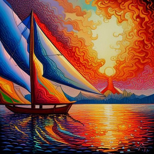 Burning Sailboat at Sunset: Surreal Dystopian Seascape