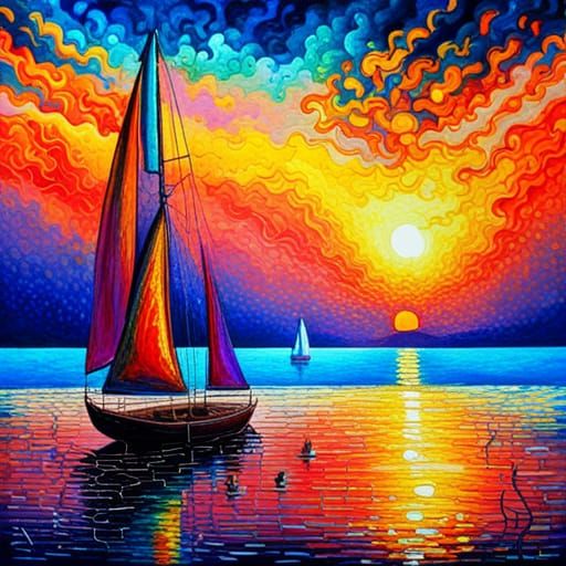 Burning Sailboat at Twilight: Surreal Dystopian Seascape