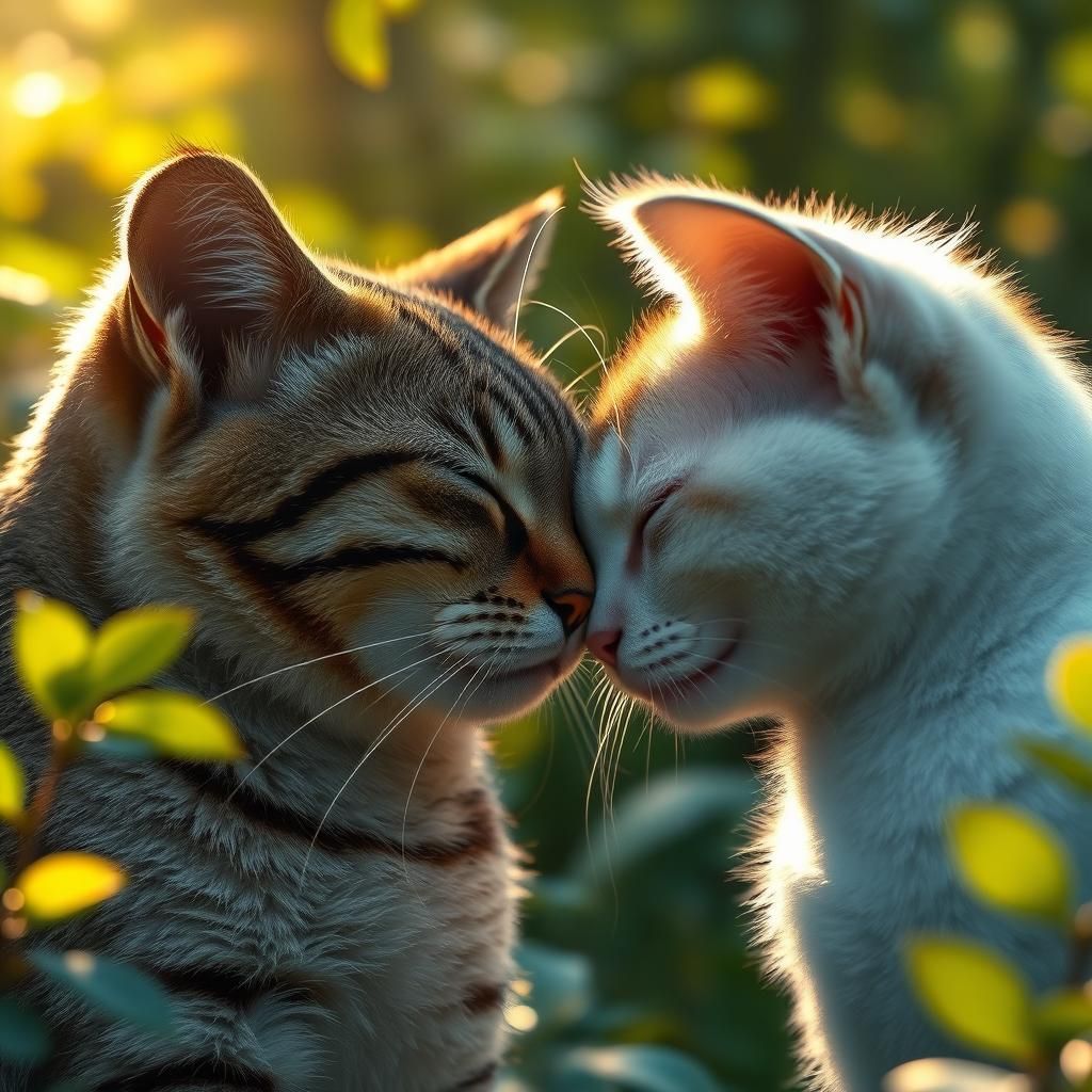 Touching Moment Between Two Cats in Lush Forest