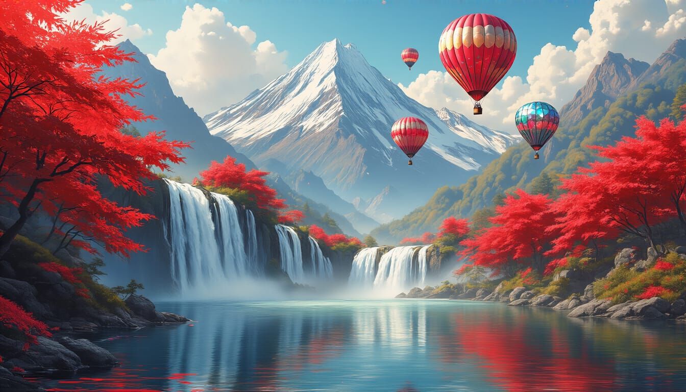 Majestic Mountain Waterfall with Gemstone Balloons in Graffi...