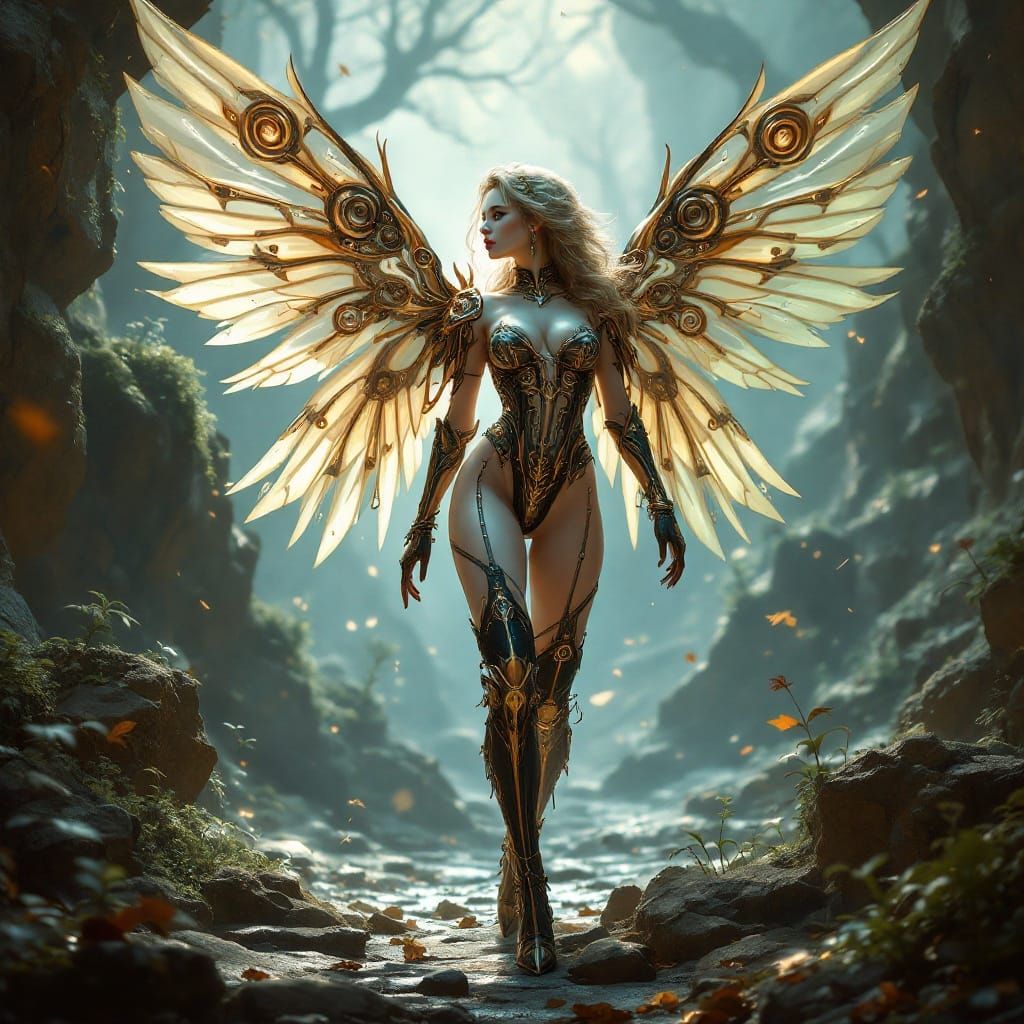 Ethereal Fairy Goddess in Vibrant Suede and Metal Wings