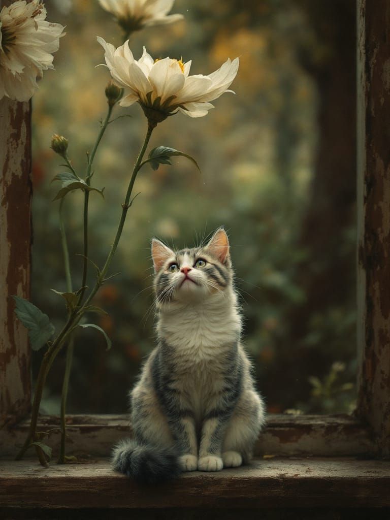 Cat and Flower in Cinematic Light, Aged Patina Style