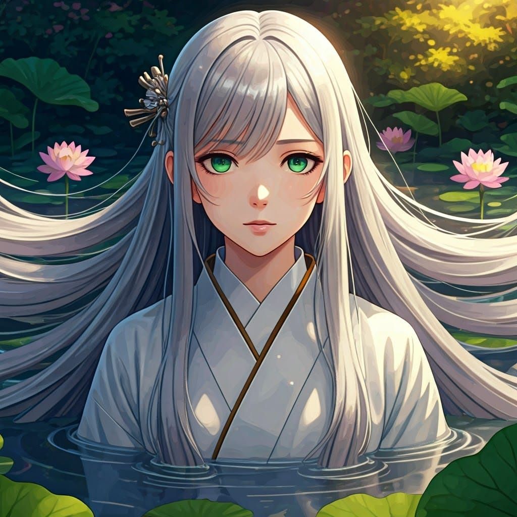 Ethereal Lotus Maiden in Dreamy Pond Scene