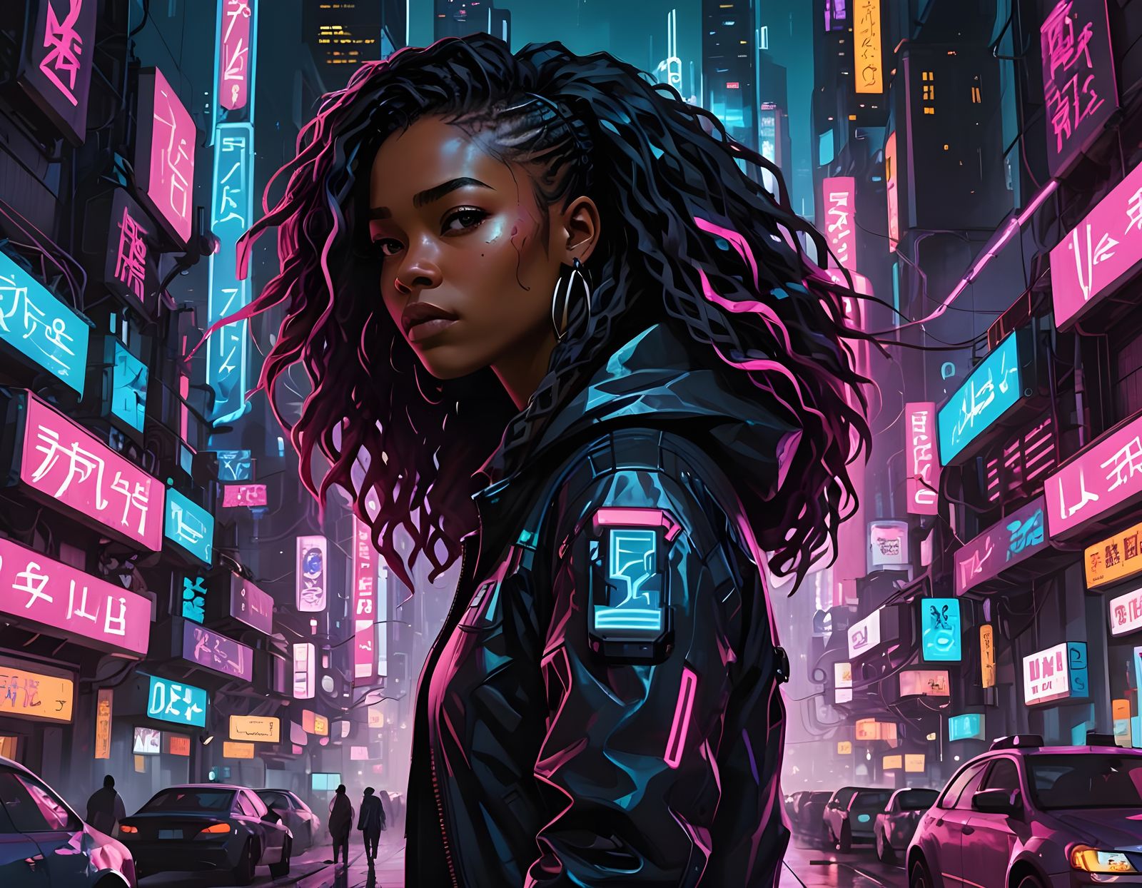 Cyberpunk Goddess Illuminated by Neon Lights