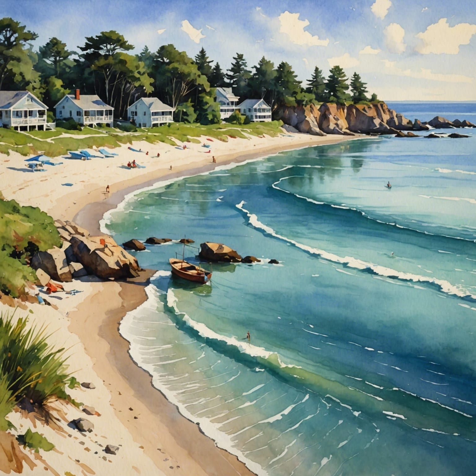 Summer Beach in Watercolor and Oil Painting