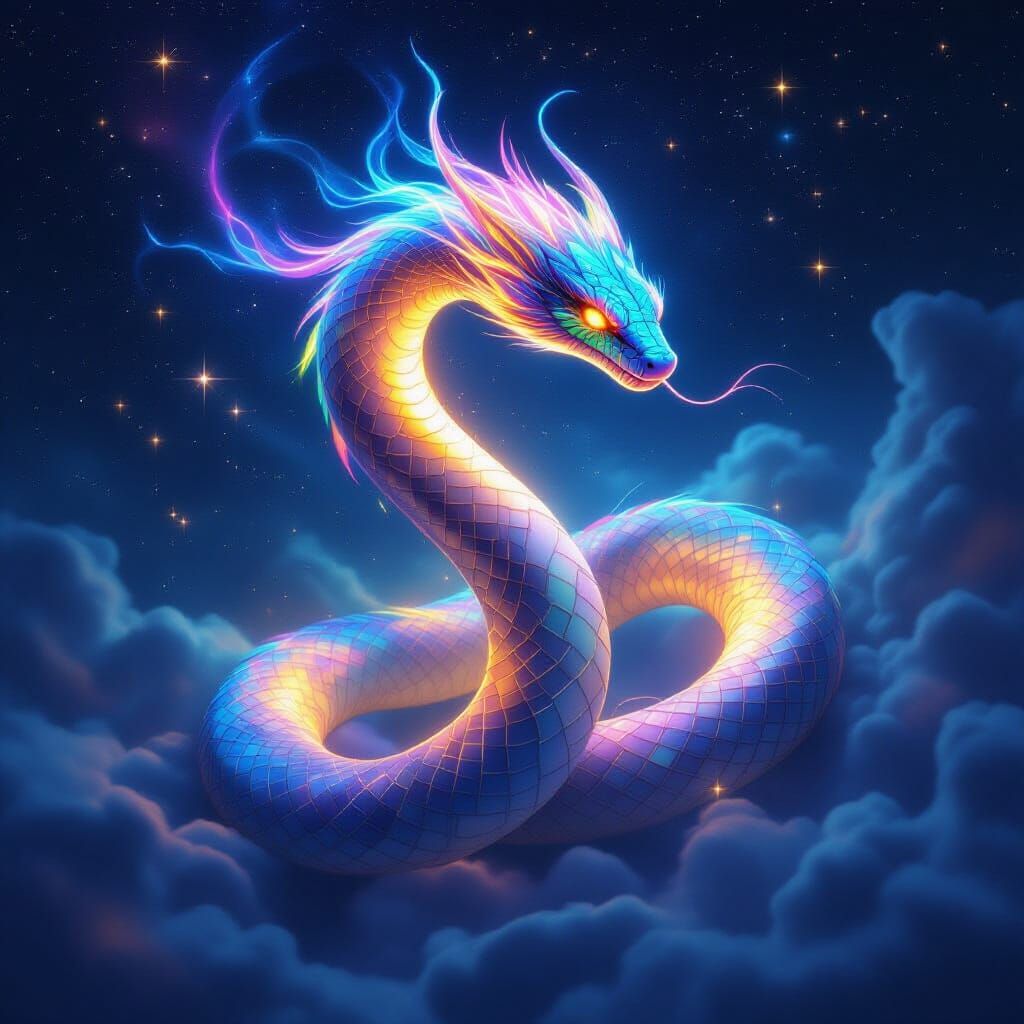 Celestial Serpent of Light and Mist in Rainbow Hues