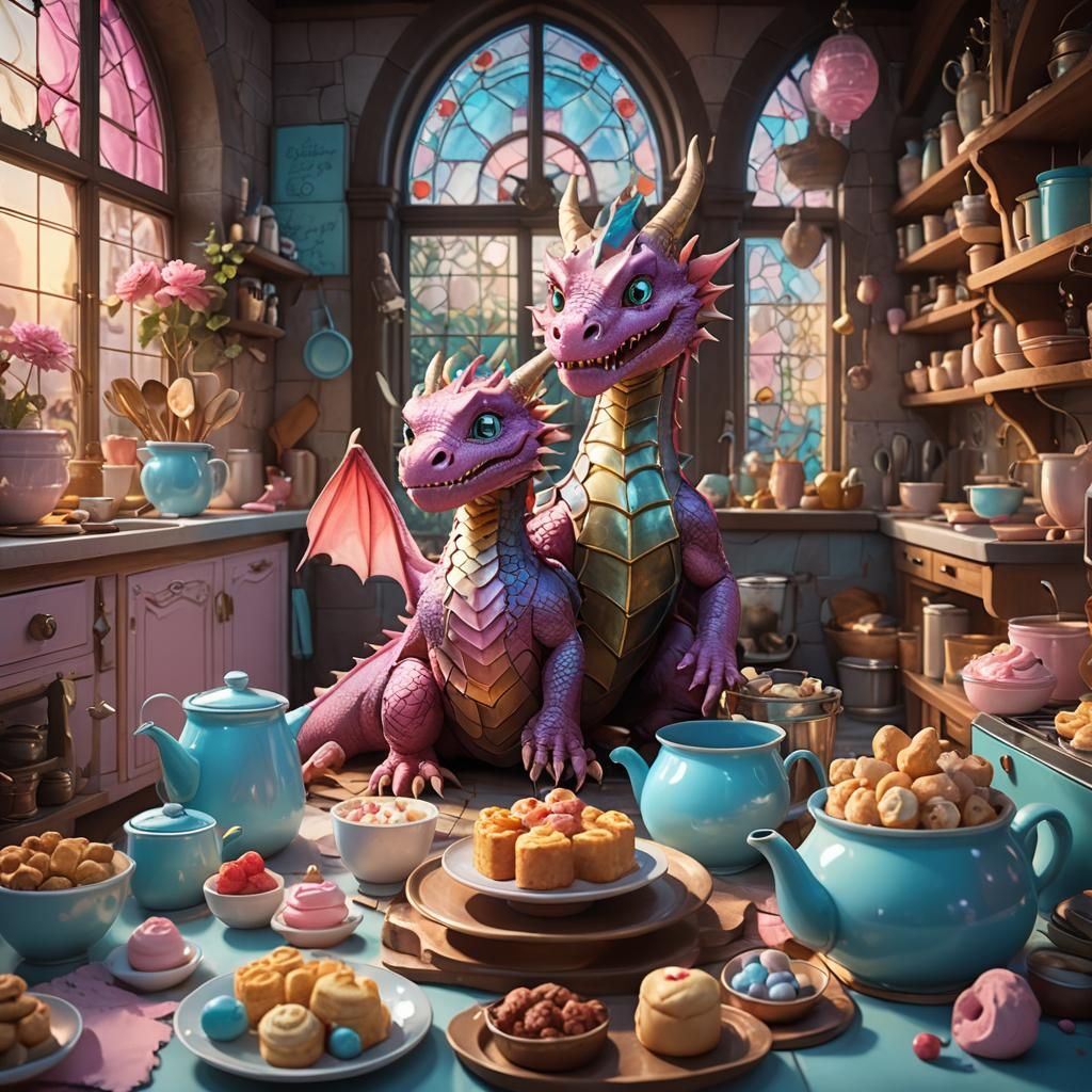 Cute Dragon in Cozy Kitchen: Matte Painting