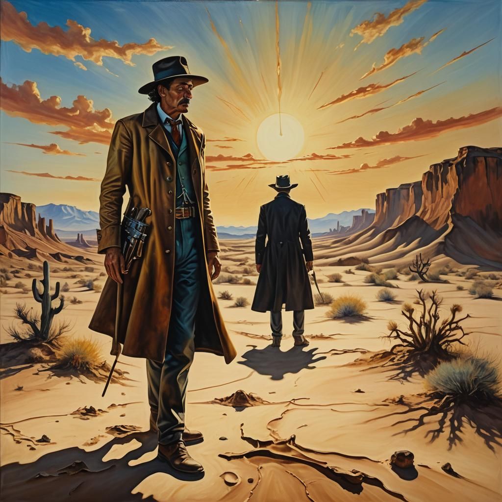 Surreal Gunslinger in Desert Landscape Oil Painting