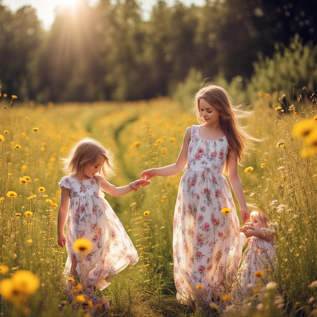 Mother and Daughter in Sunny Meadow