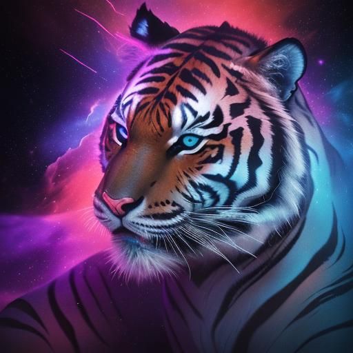 Bengal Tiger in Space Nebula with Waterfall