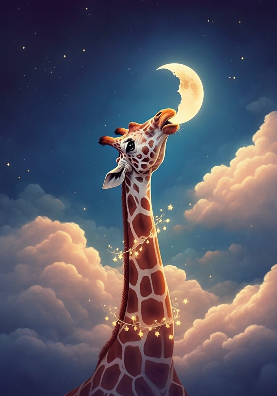 Surreal Giraffe Emerges from Clouds to Reach for Celestial M...