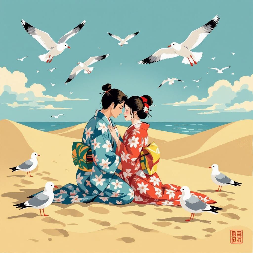 Lovers Embrace in Ukiyo-e Summer Scene