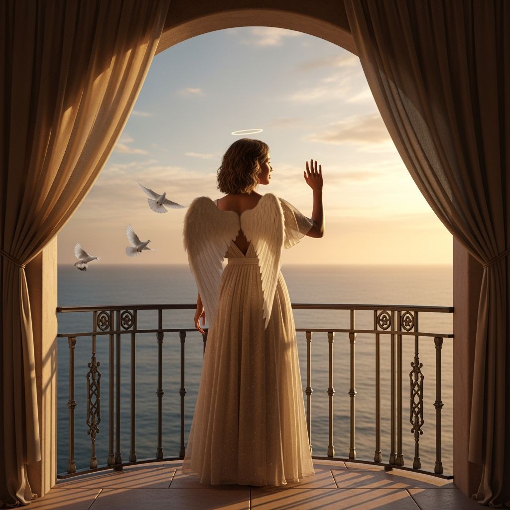 Angel Welcomes Doves on Ocean Balcony at Sunset