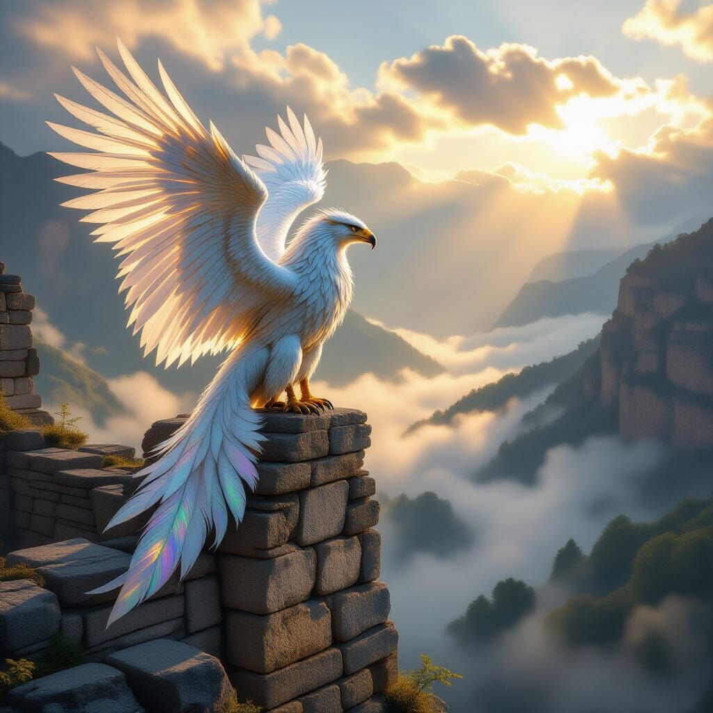 Majestic Griffin on Ancient Ruin in Golden Sunlight